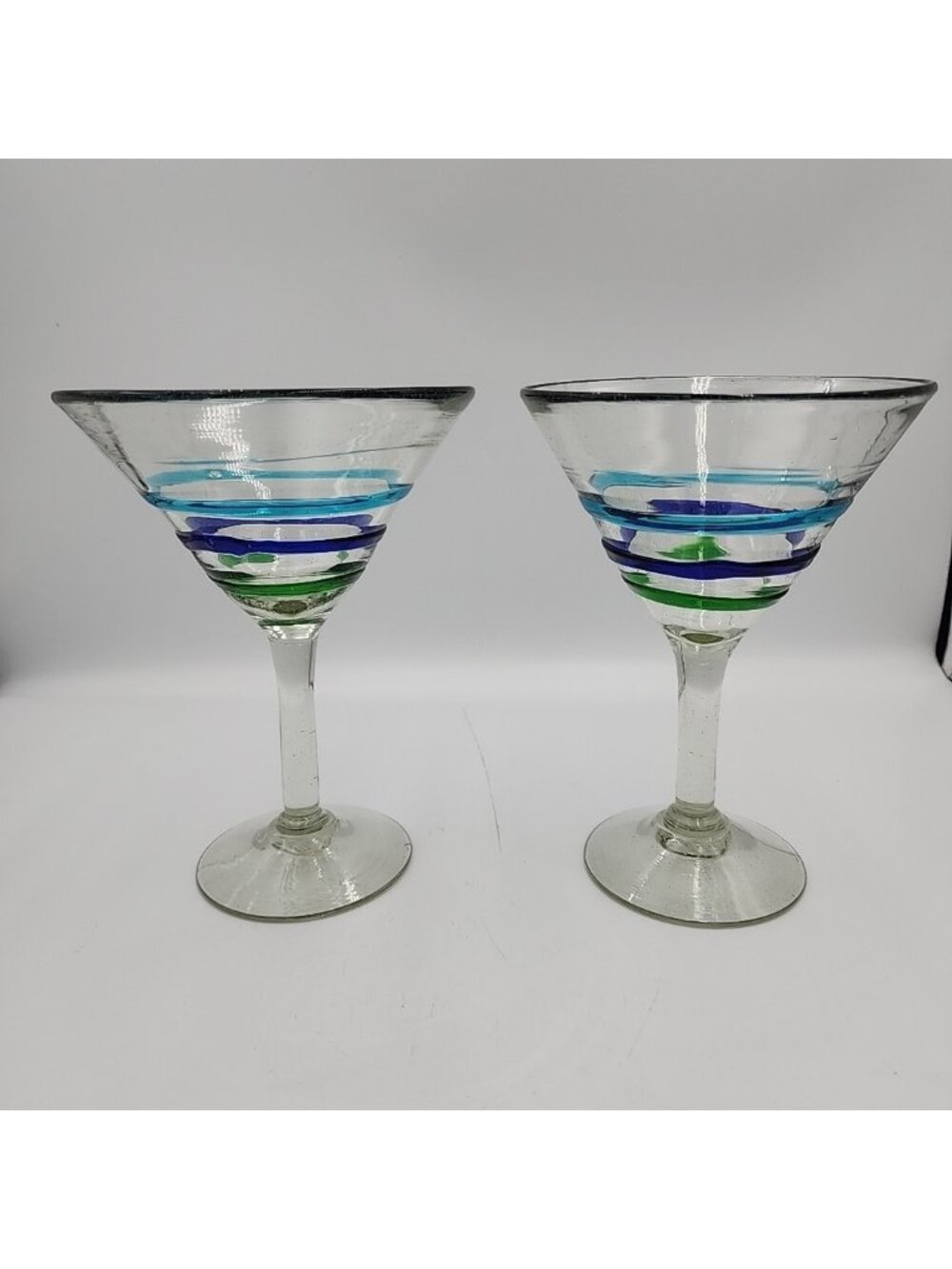 Hand Blown Mexican Glass Set Of 2 Blue & Green Swirl Martini/Cocktail Glasses 6”